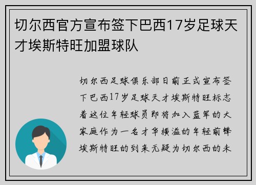 切尔西官方宣布签下巴西17岁足球天才埃斯特旺加盟球队